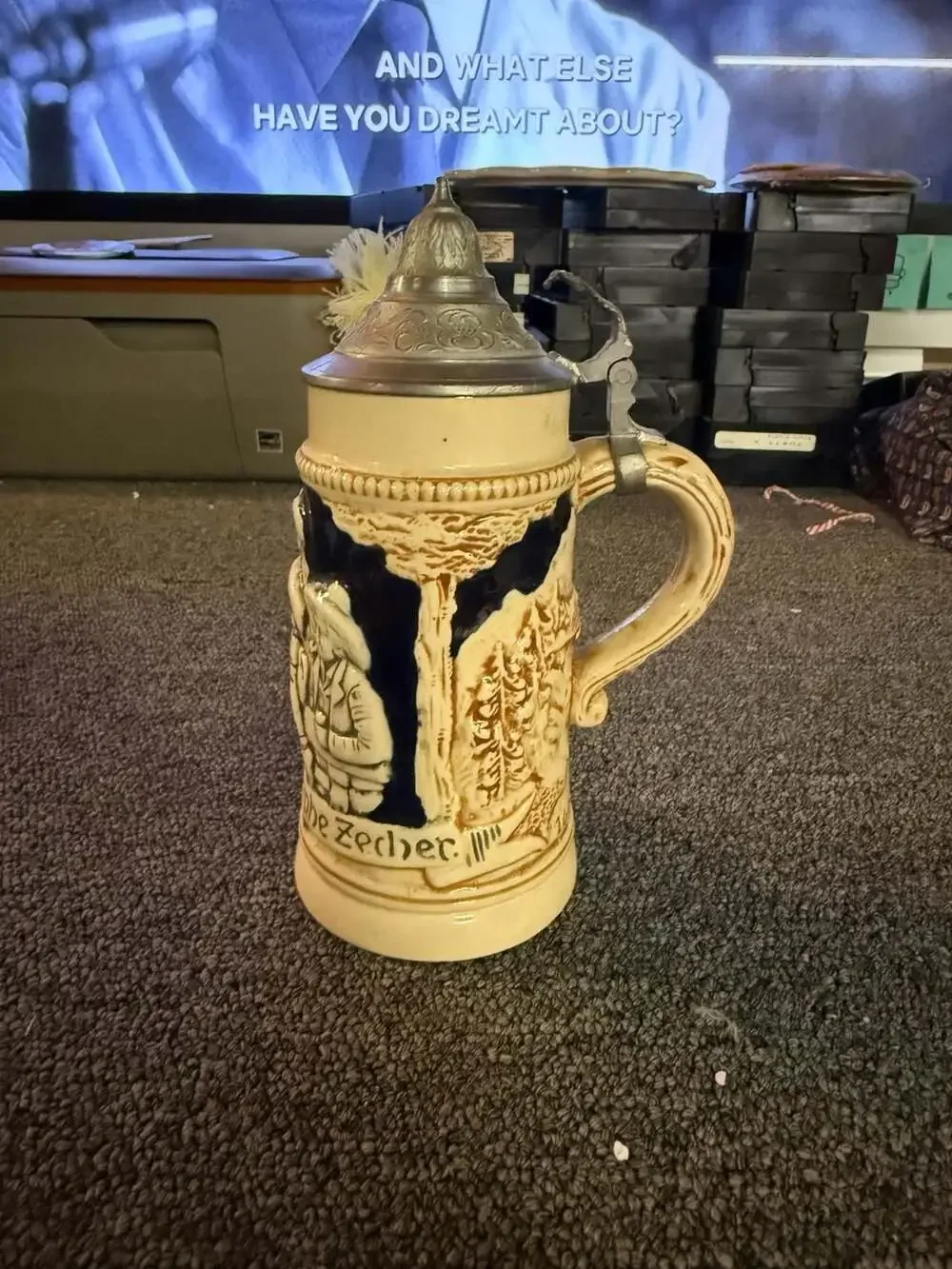 Vintage German Ceramic Beer Stein with Pewter Lid and Relief Detail